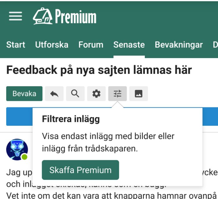 Webbsida skärmdump, forumlayout, feedbackbegäran, knapp för premiumtjänst, användargränssnittselement, svenskspråkig text.