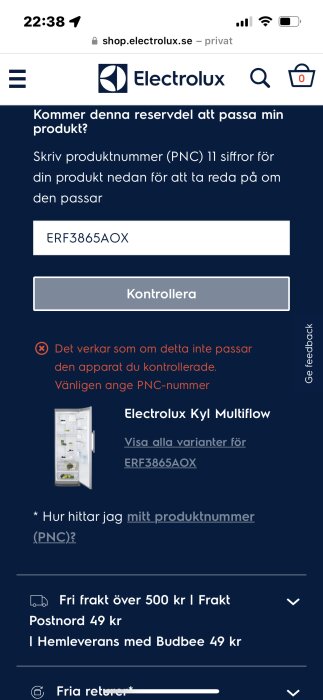 Skärmavbild av Electrolux webshop för reservdelssökning; felmeddelande visas; mobilvy; navigationsmeny och fraktinformation.