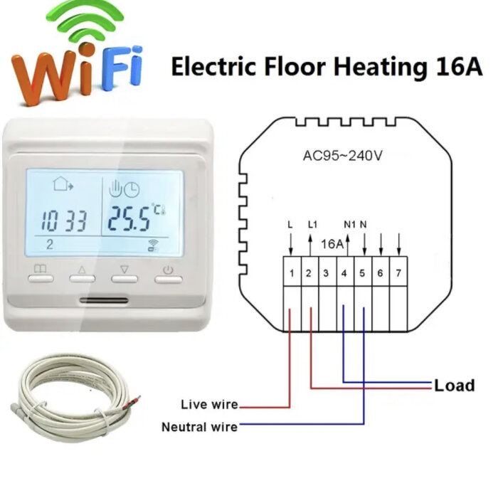 WiFi-uppkopplad termostat för elektrisk golvvärme med installationsdiagram och givarkabel. 16A kapacitet.