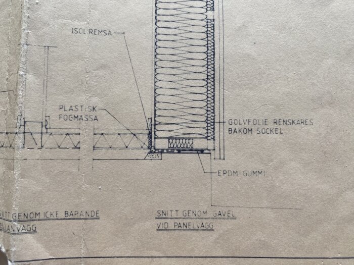 Arkitektonisk skiss av byggnadsdetalj med isolering, gummi, plats för ventilation, och dimensioner.