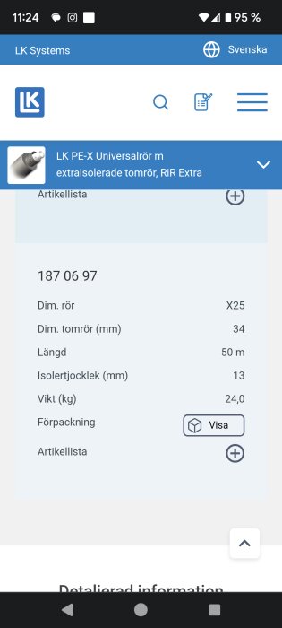 Skärmdump från mobil, LK Systems webbsida, produktdetaljer för rörtillbehör, användargränssnitt med teknisk information.