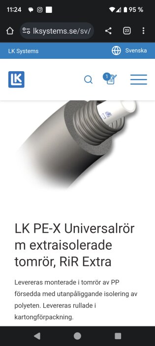 Skärmdump av webbsida visar LK PE-X universalrör med extra isolering, förpackning och produktinformation på svenska.