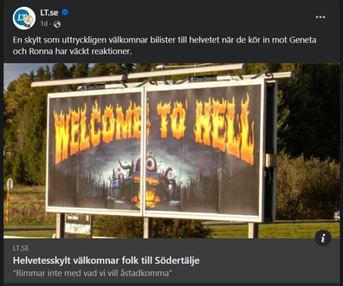 Reklamskylt med texten "WELCOME TO HELL", Flammande estetik, kan uppfattas provocerande eller humoristisk.