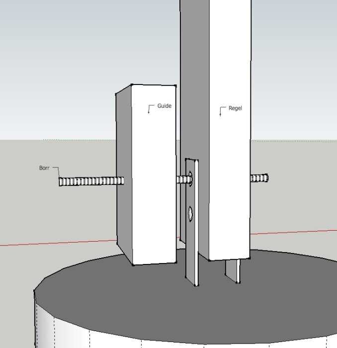 Schematisk illustration av en mekanisk konstruktion med guider, regel och borr.