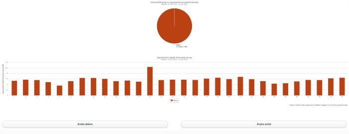 Energianvändningsdiagram för en månad, staplar för daglig förbrukning, cirkeldiagram för total användning.