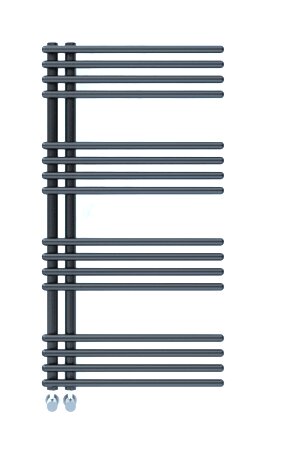 En grafisk illustration av en modern, väggmonterad, svart, badrumshanddukstork med horisontella rör och anslutningar nedtill.