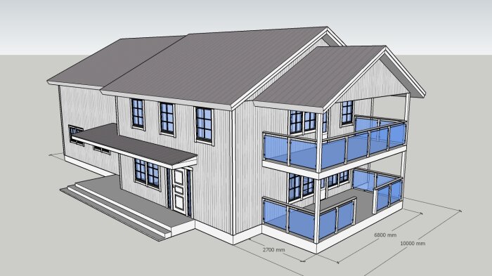 Arkitektonisk 3D-modell av tvåvåningshus med måttangivelser och verander.