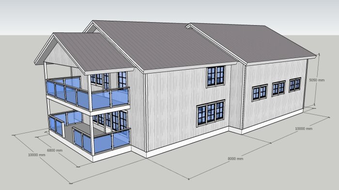 3D-teckning av modernt hus med måttangivelser, två våningar, veranda och sadeltak.