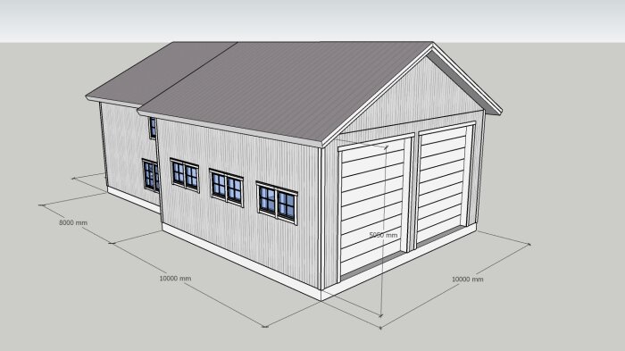 3D-modell av ett enkelt hus med dimensioner, fyra fönster, dubbla dörrar, ritat i CAD.