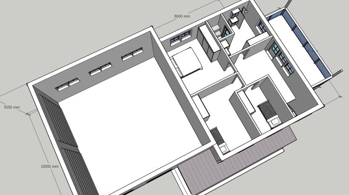 3D-ritning av en arkitektonisk plan, modern planlösning med måttangivelser, flera rum och möblering.