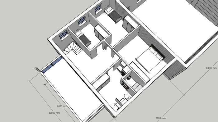 Isometrisk vy av en arkitektonisk ritning för en våningsplan med måttangivelser.