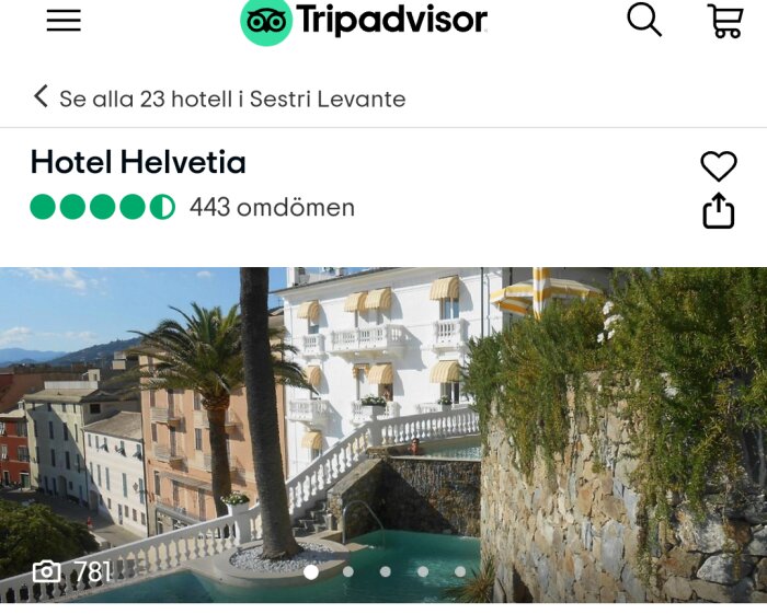 Skärmdump från TripAdvisor, Hotel Helvetia i Sestri Levante, pool, palmer, byggnader, 443 recensioner, betyg.