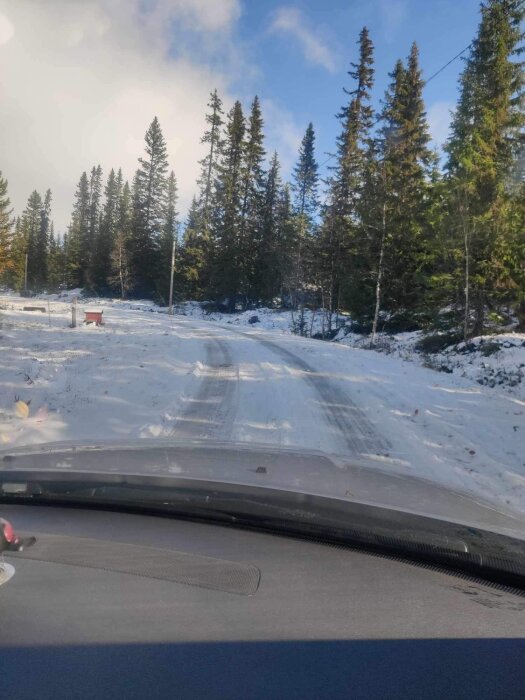 Snötäckt väg i skog, sett från bil, soligt, blå himmel, vinterdag.