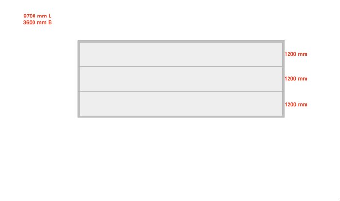 Schematisk ritning, grå rektanglar, dimensioner på svenska, 9700 mm lång, 3600 mm bred, uppdelad i tre sektioner.