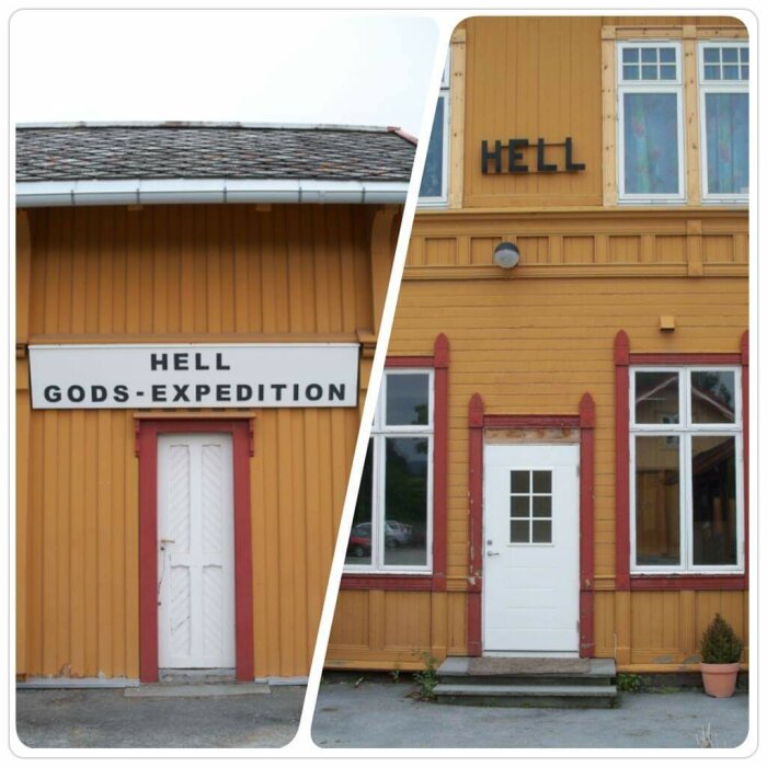 Två delar av gul byggnad, skyltar med texten "HELL GODS-EXPEDITION" och "HELL," röda detaljer.