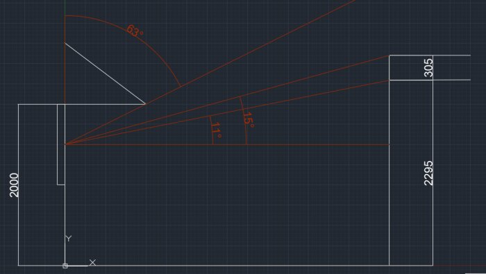 Teknisk ritning eller diagram med geometriska former, vinklar och måttangivelser på en rutad bakgrund.