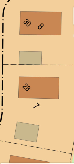 Illustration av parkeringsplatser, numrerade 28 och 30, tomma och märkta med linjer.