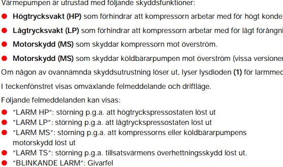 Svensk text som beskriver skyddsfunktioner och felmeddelanden för en värmepump: högtrycksvakt, lågtrycksvakt, motorskydd.