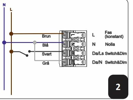 Elektrisk kopplingsschema för belysningsinstallation. Märkt med färger för olika ledare och Switch&Dim-funktioner.