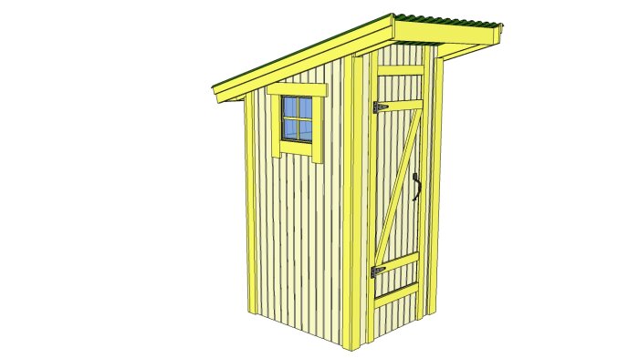 Gul trä utedass med tak, dörr, fönster, enkel konstruktion, ritningslik illustration, fristående.
