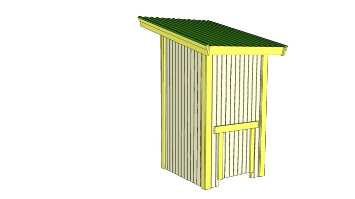 En tredimensionell illustration av ett toalettutrymme eller skjul med gul och grön färgsättning och vertikala plankor.