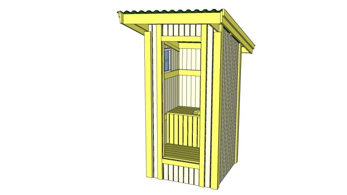 3D-modell av en gul strandkabin med grönt tak, enkel design, låst dörr, utan bakgrund.