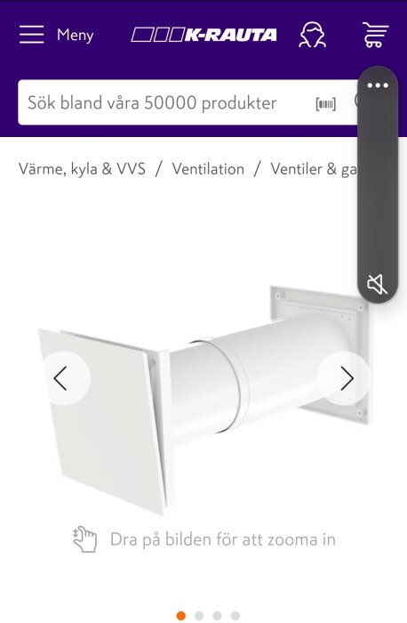 Vit ventilationskanal eller fläkt på en byggvaruhandels webbplats, omgivet av navigering och sökfält.