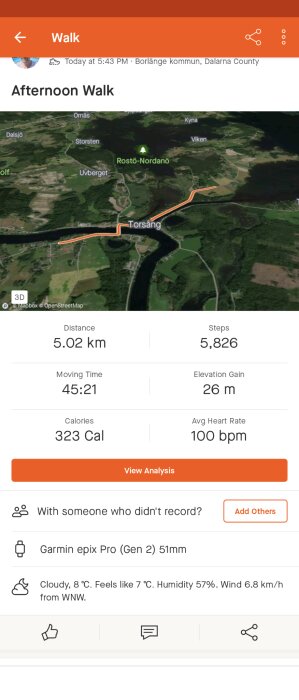 Skärmdump fitness-app, eftermiddagspromenad, distans 5,02 km, 5826 steg, Borlänge, molnigt väder.