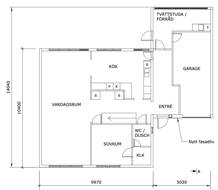 Ritning av enplanshus med vardagsrum, kök, sovrum, tvättstuga, garage och entré.