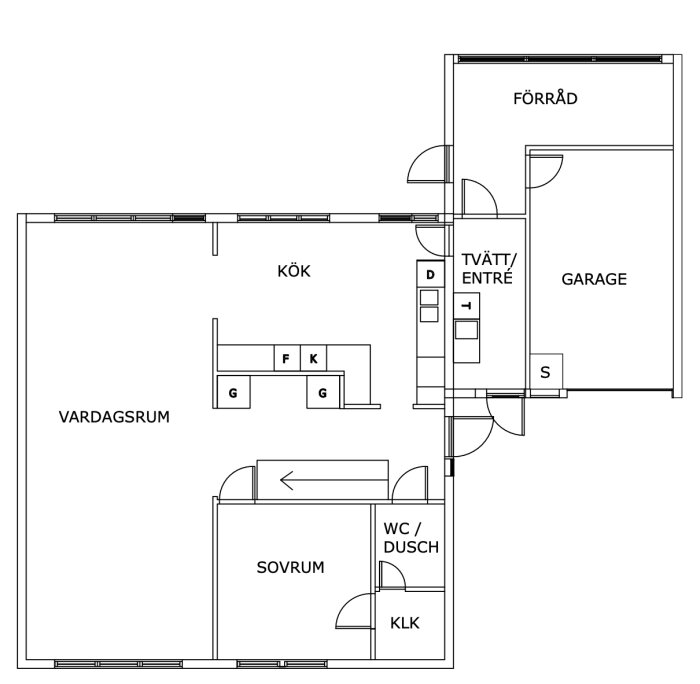 Ritning över enplanshus med kök, vardagsrum, sovrum, badrum, förråd, tvättentré och garage.