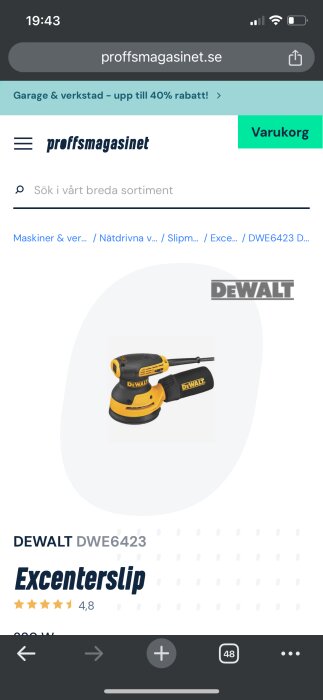 Skärmdump från webbutik visar en DeWalt excenterslip med betyget 4,8 stjärnor, 280 W.