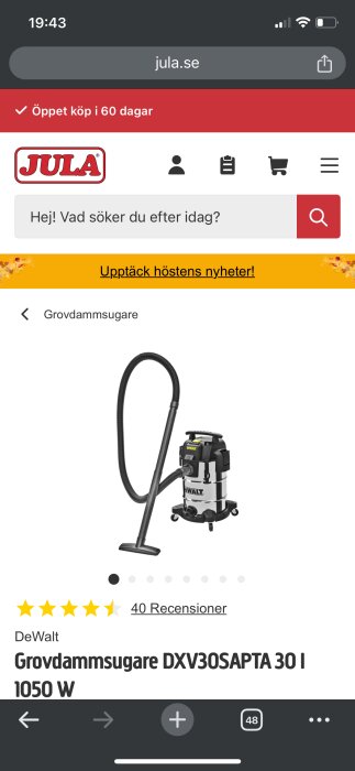 Skärmdump från Jula.se, visar DeWalt grovdammsugare, 1050W, 30 liter, positiva kundomdömen.