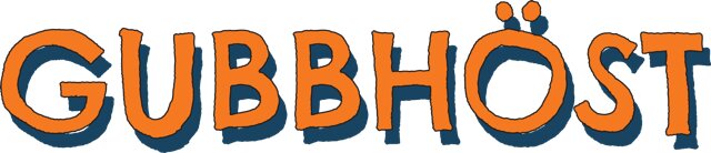 Orangefärgad och blå text som bildar ordet "GUBBHÖST" med en krona ovanpå bokstäverna "Ö".
