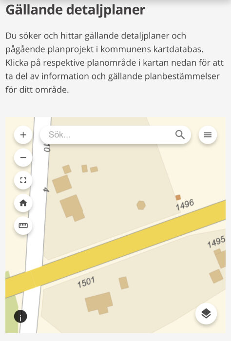 Interaktiv karta, detaljplaner, sökfunktion, navigationsverktyg, gatu- och fastighetsnummer, kommunal tjänst.