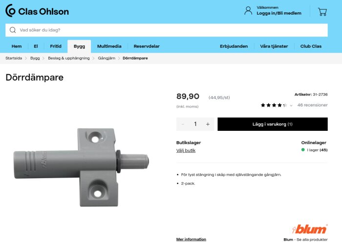 Webbsida som visar dörrdämpare till salu hos Clas Ohlson för 89,90 kronor.