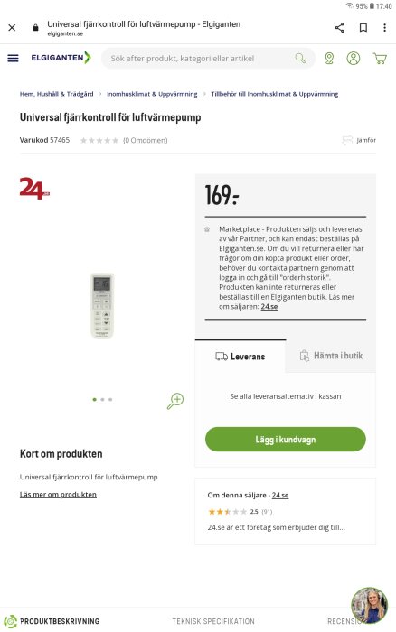 Webbsida visar fjärrkontroll för luftvärmepump till salu för 169 svenska kronor hos Elgiganten.