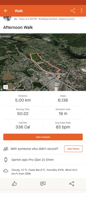 Skärmdump av träningsapp som visar statistik för en 5 km promenad i Borlänge kommun, Dalarna.