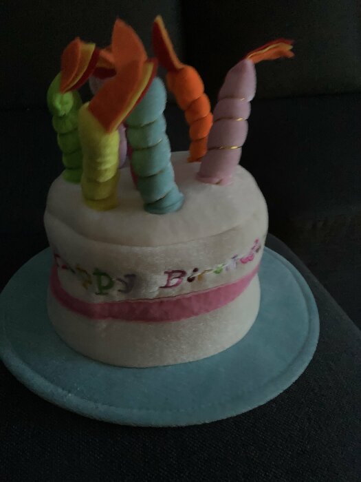 Födelsedagstårta i textil med "Happy Birthday"-text, ljusformade dekorationer på toppen, på mörk bakgrund.