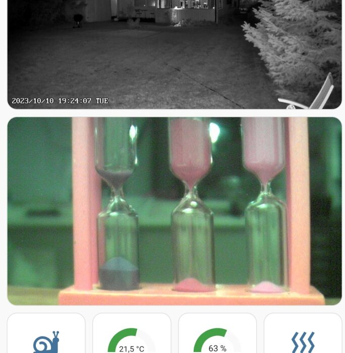 Övervakningsbild av trädgård på natten och närbild av tre sandtimrar i en teknisk enhet med temperatur och luftfuktighetsindikatorer.