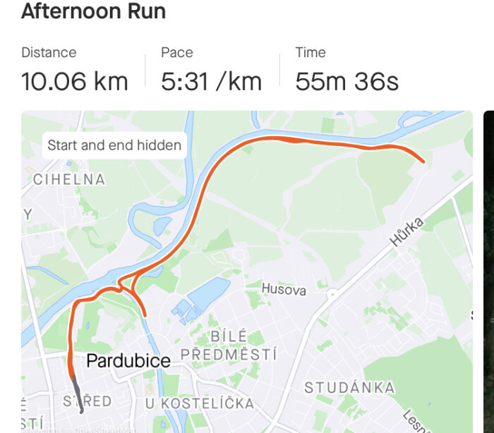 Eftermiddagslöpning; sträcka 10,06 km, 5:31 min/km, tid 55m 36s; kartspår; start och slut dolda.