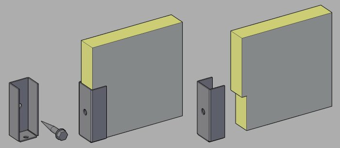Två illustrationer av metallkonstruktioner med en skruv, före och efter montering.