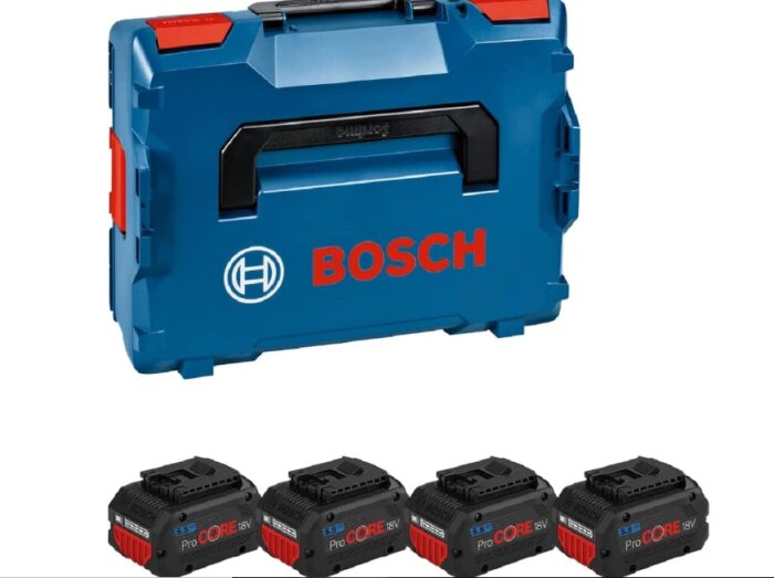 Blå Bosch verktygslåda och fyra batterier med etiketter "ProCORE18V".