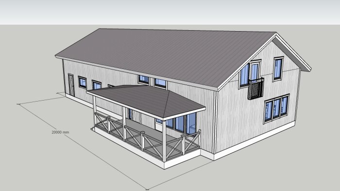 3D-modell av ett enfamiljshus med veranda och mätmarkering, ritat i CAD-program.