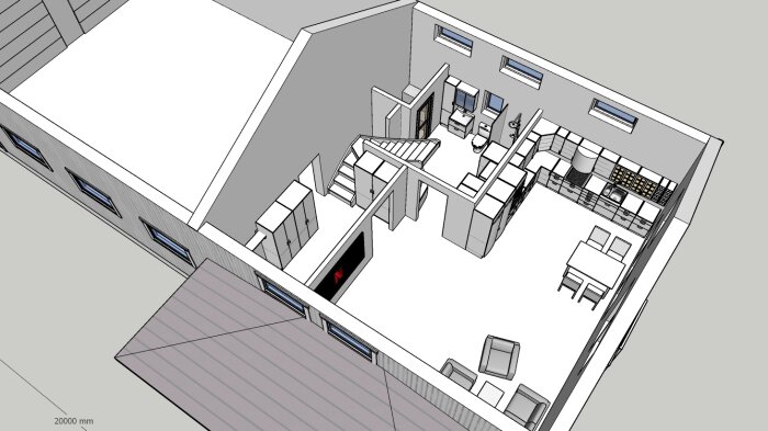 3D-koncept av ett modernt kontorsutrymme med arbetsstationer, mötesrum och avskilda områden.