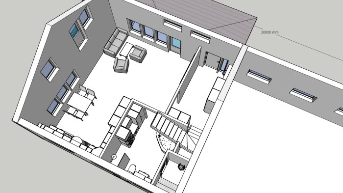 3D-ritning av en lägenhetsplan med möbler, fönster och dörrar. Skala: 20000 mm.