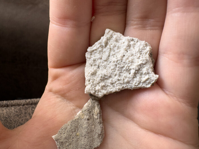En hand håller en bit av vitaktig sten eller mineral med grövre textur.