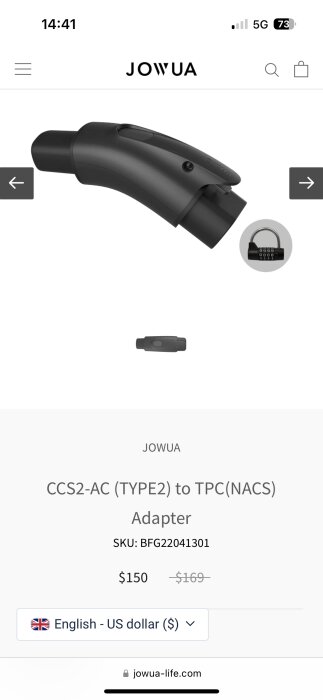 Svart CCS2-AC till TPC-adapter för laddning, nedsatt pris, JOWUA webbplatsgränssnitt, mobilskärm, produktbild.