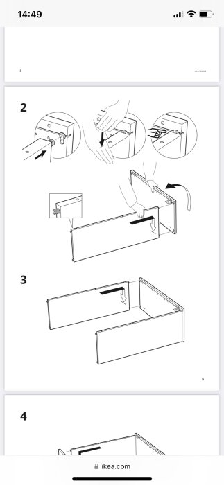 Instruktionsmanual för möbelsammansättning med illustrationer av delars montering.