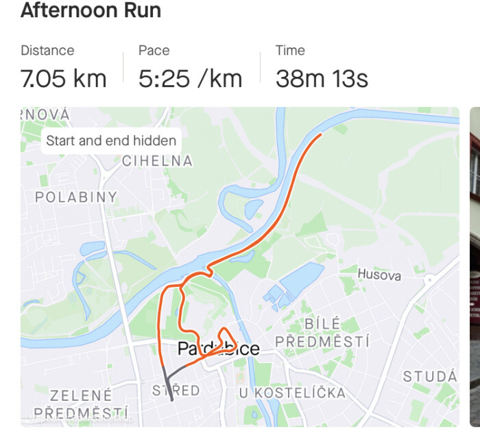 Skärmdump av löparkartspårning, 7.05 km distans, 5:25/km fart, 38 minuter 13 sekunder total tid.