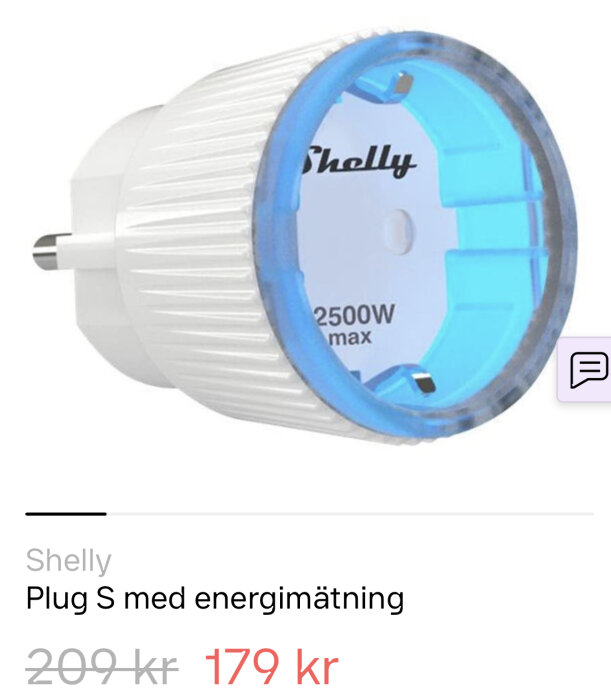 Smart eluttag, Shelly Plug S, med energimätning, rabatterat pris, vit och blå färg, maxlast 2500W.